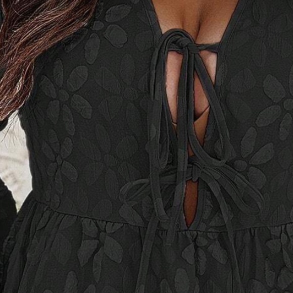 Plus Floral Print Lace Front Tie Puff Long Sleeve Dress - Picture 3 of 10